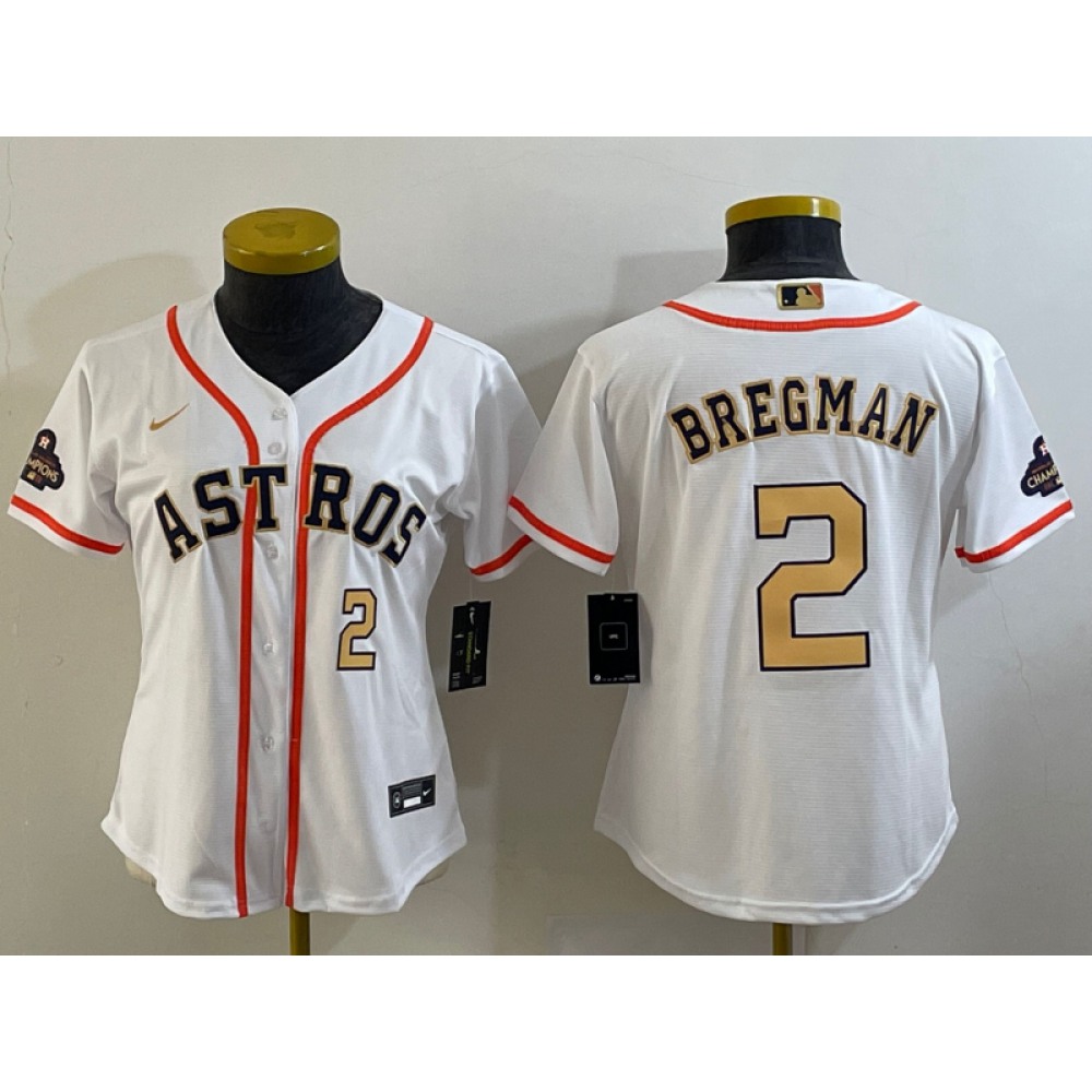Women's Houston Astros #2 Alex Bregman White 2023 Gold Collection With World Serise Champions Patch Stitched Jersey(Run Small) Women's Houston Astros #2 Alex Bregman White 2023 Gold Collection With World Serise Champions Patch Stitched Jersey(Run Small)