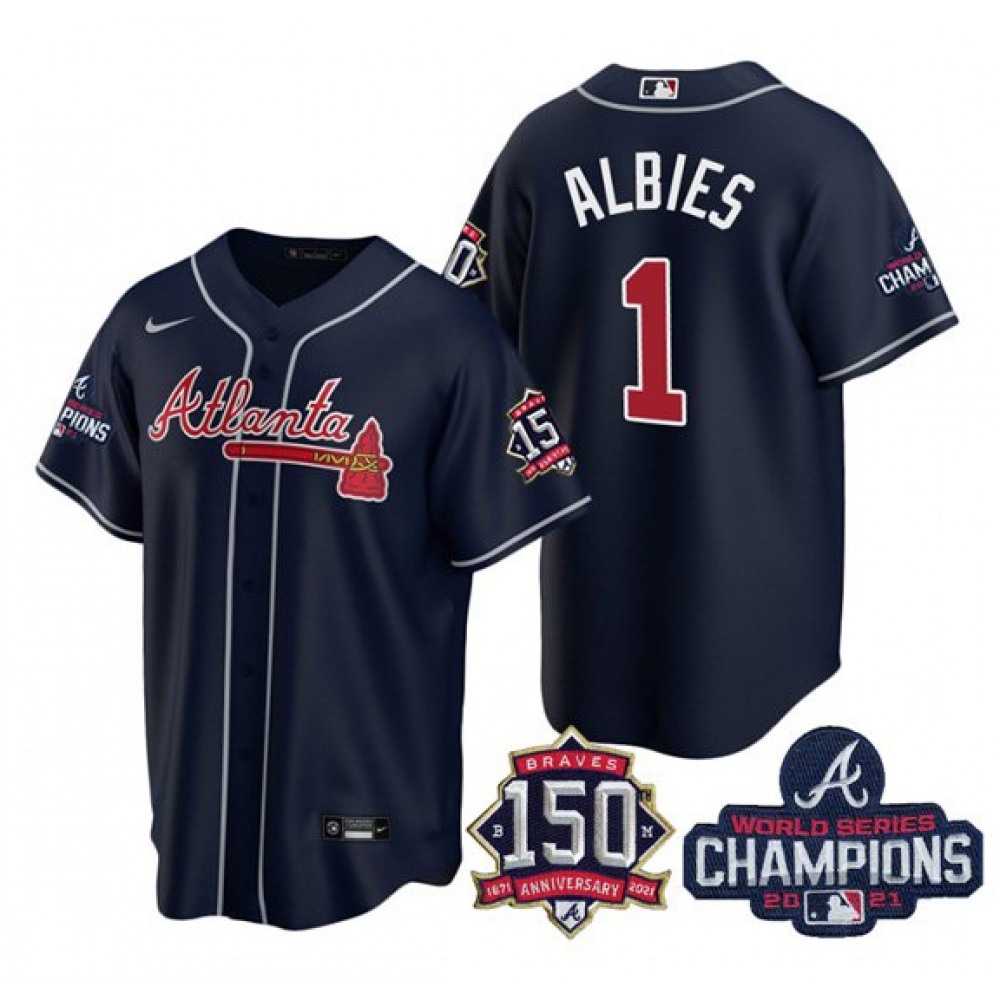 Men's Atlanta Braves #1 Ozzie Albies 2021 Navy World Series Champions With 150th Anniversary Patch Cool Base Stitched Jersey Men's Atlanta Braves #1 Ozzie Albies 2021 Navy World Series Champions With 150th Anniversary Patch Cool Base Stitched Jersey