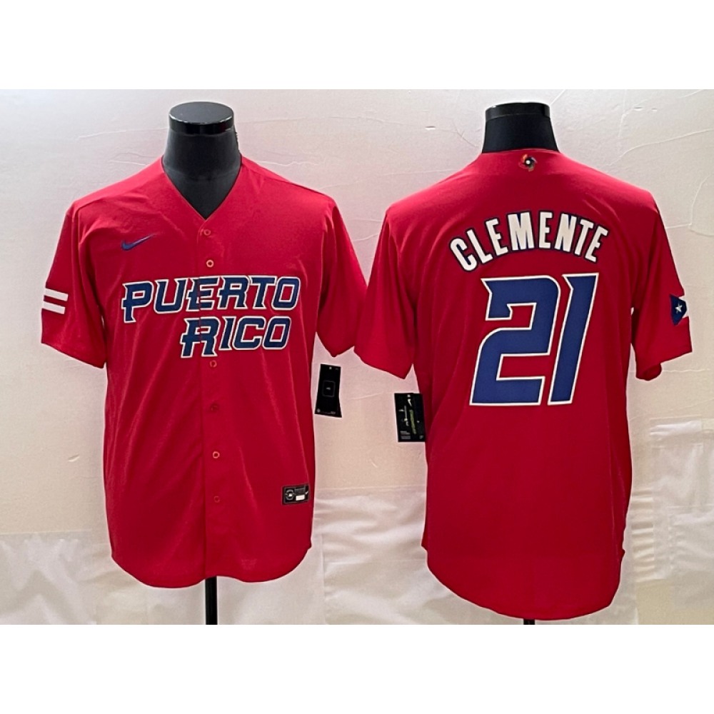 Men's Puerto Rico Baseball #21 Roberto Clemente 2023 Red World Baseball Classic Stitched Jersey Men's Puerto Rico Baseball #21 Roberto Clemente 2023 Red World Baseball Classic Stitched Jersey