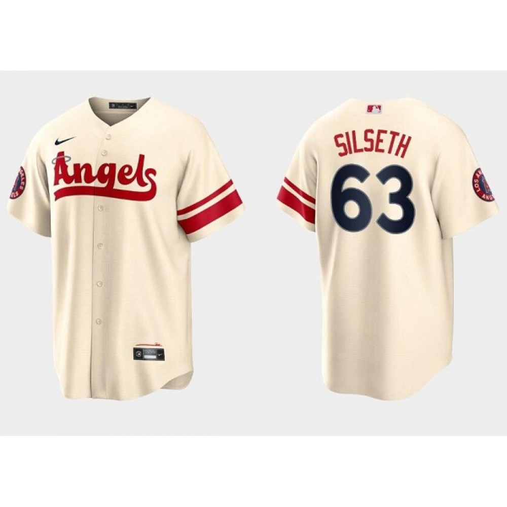 Men's Los Angeles Angels #63 Chase Silseth Cream City Connect Cool Base Stitched Jersey Men's Los Angeles Angels #63 Chase Silseth Cream City Connect Cool Base Stitched Jersey