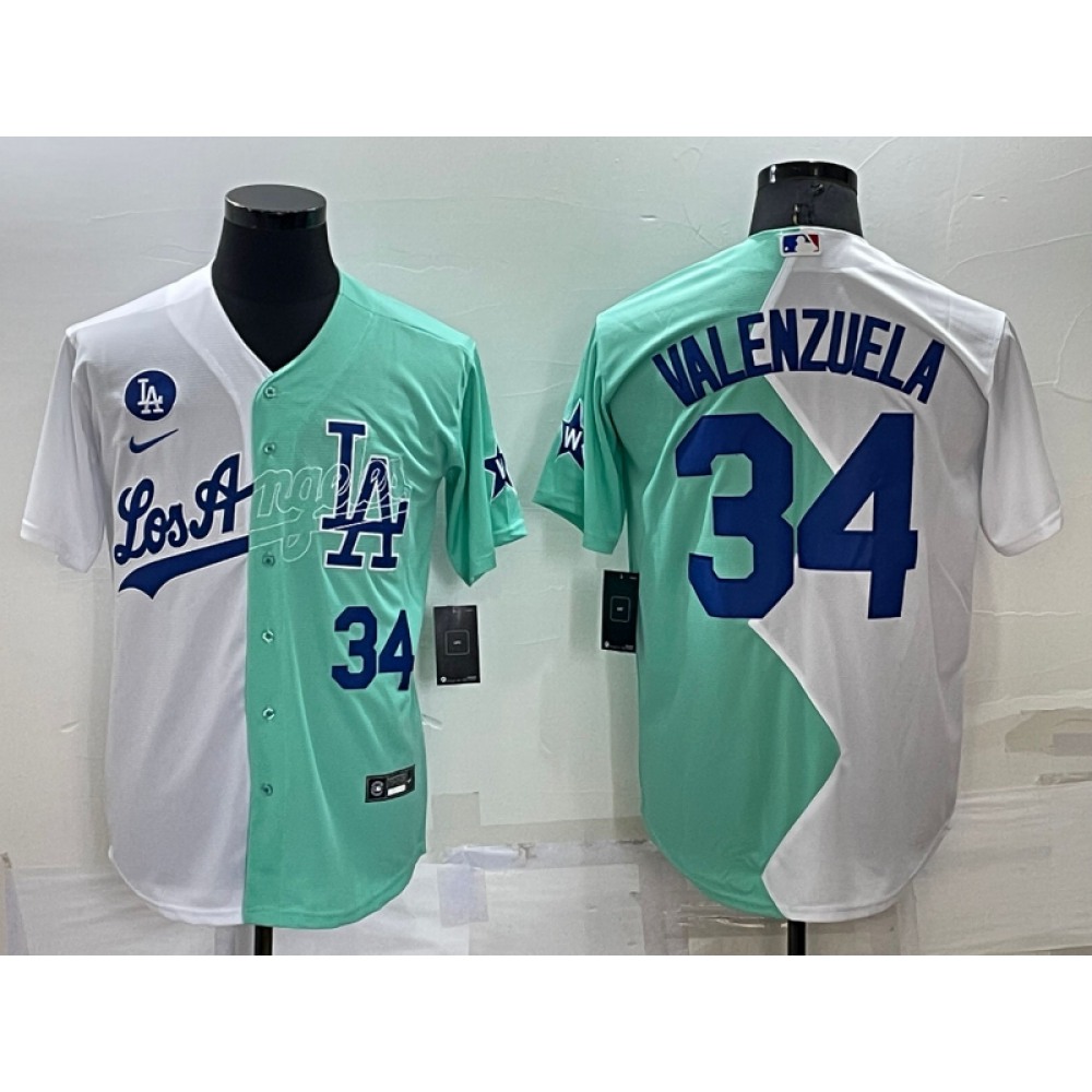 Men's Los Angeles Dodgers #34 Fernando Valenzuela 2022 All-Star White/Green Cool Base Stitched Baseball Jersey Men's Los Angeles Dodgers #34 Fernando Valenzuela 2022 All-Star White/Green Cool Base Stitched Baseball Jersey