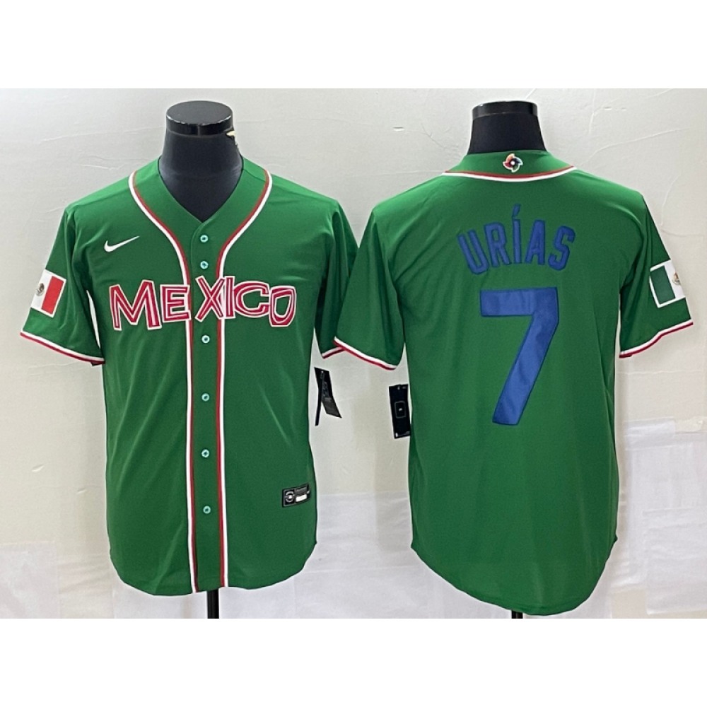 Men's Mexico Baseball #7 Julio Urias 2023 Green World Baseball With Patch Classic Stitched Jersey Men's Mexico Baseball #7 Julio Urias 2023 Green World Baseball With Patch Classic Stitched Jersey