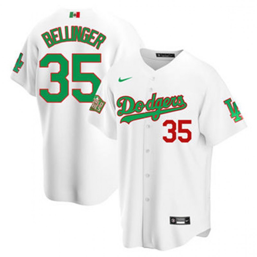 Men's Los Angeles Dodgers #35 Cody Bellinger White Green Mexico 2020 World Series Stitched Jersey Men's Los Angeles Dodgers #35 Cody Bellinger White Green Mexico 2020 World Series Stitched Jersey