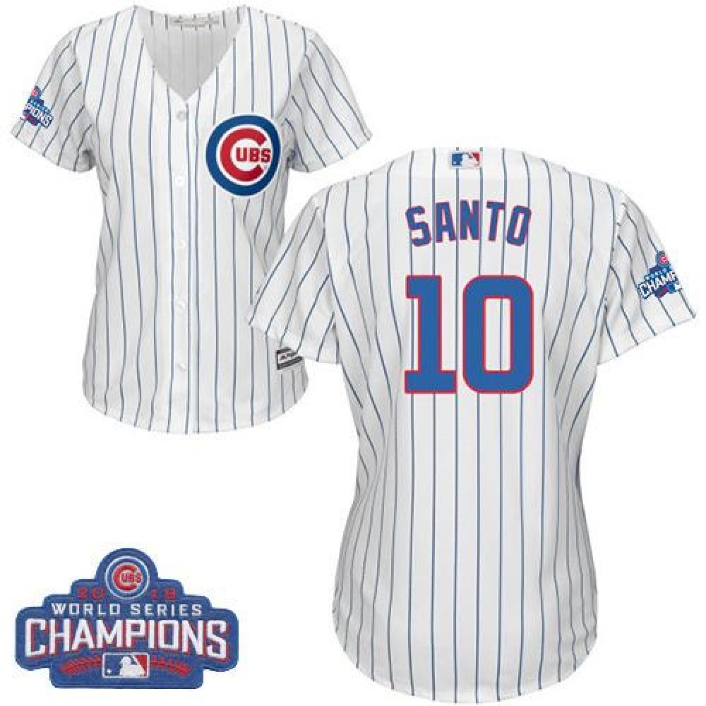 Cubs #10 Ron Santo White(Blue Strip) Home 2016 World Series Champions Women's Stitched MLB Jersey Cubs #10 Ron Santo White(Blue Strip) Home 2016 World Series Champions Women's Stitched MLB Jersey