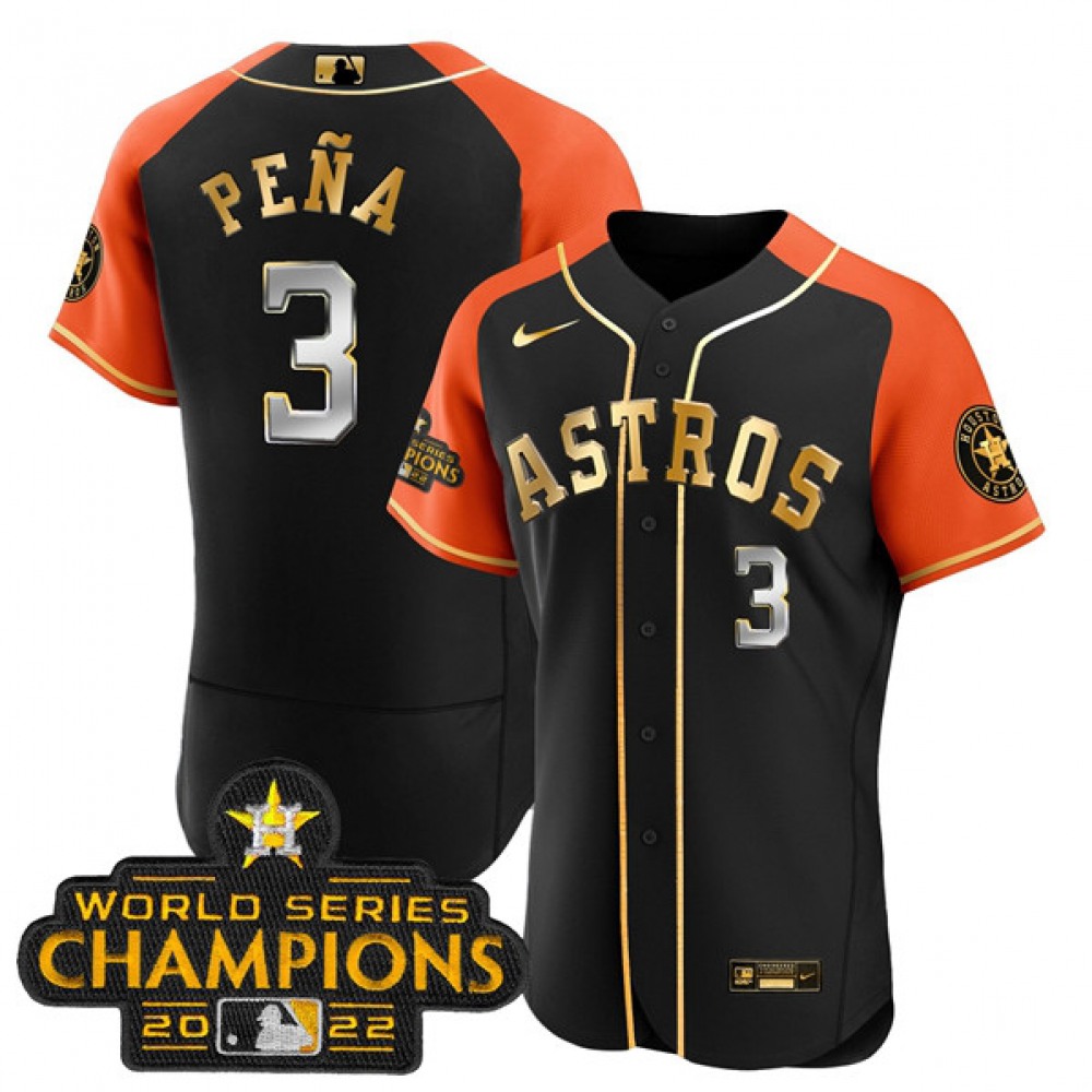 Men's Houston Astros #3 Jeremy Pena 2023 Black Gold V2 Alternate Flex Base Stitched Baseball Jersey Men's Houston Astros #3 Jeremy Pena 2023 Black Gold V2 Alternate Flex Base Stitched Baseball Jersey