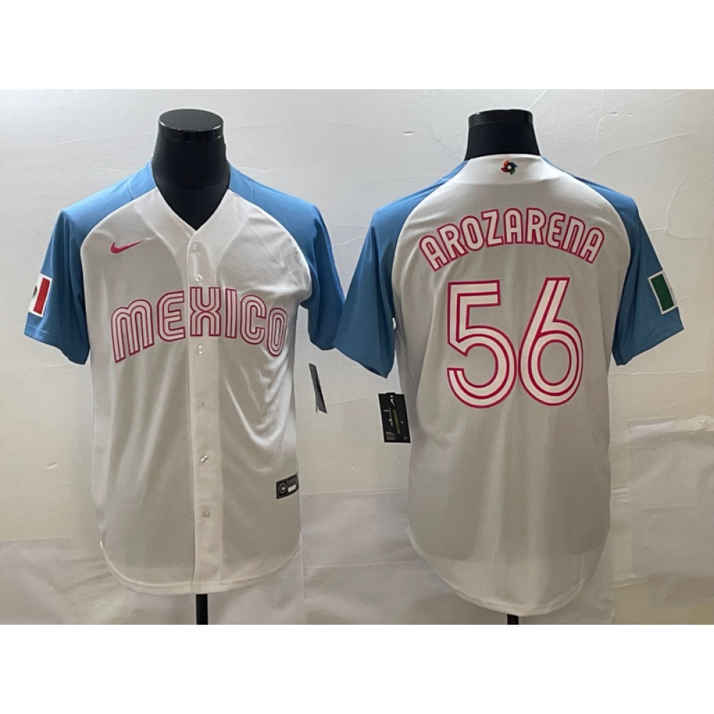 Men's Mexico Baseball #56 Randy Arozarena 2023 White Blue World Baseball Classic Stitched Jersey Men's Mexico Baseball #56 Randy Arozarena 2023 White Blue World Baseball Classic Stitched Jersey