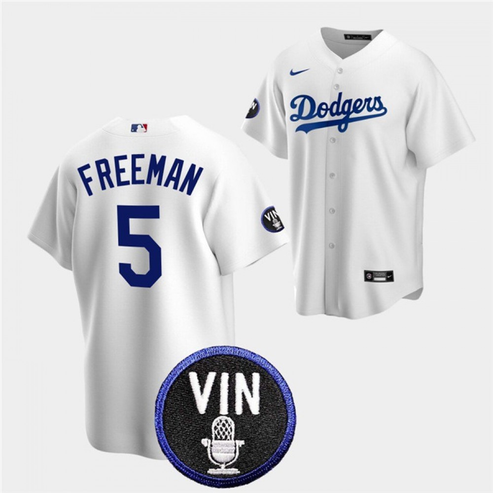 Men's Los Angeles Dodgers #5 Freddie Freeman 2022 White Vin Scully Patch Cool Base Stitched Baseball Jersey Men's Los Angeles Dodgers #5 Freddie Freeman 2022 White Vin Scully Patch Cool Base Stitched Baseball Jersey