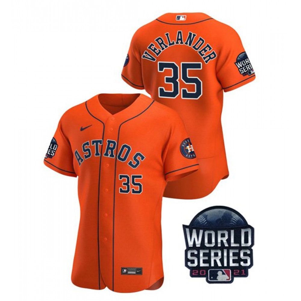 Men's Houston Astros #35 Justin Verlander 2021 Orange World Series Flex Base Stitched Baseball Jersey Men's Houston Astros #35 Justin Verlander 2021 Orange World Series Flex Base Stitched Baseball Jersey
