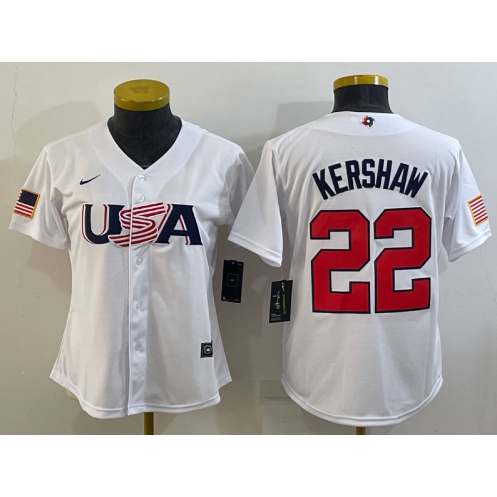 Youth USA Baseball #22 Clayton Kershaw 2023 White World Baseball Classic Stitched Jersey Youth USA Baseball #22 Clayton Kershaw 2023 White World Baseball Classic Stitched Jersey