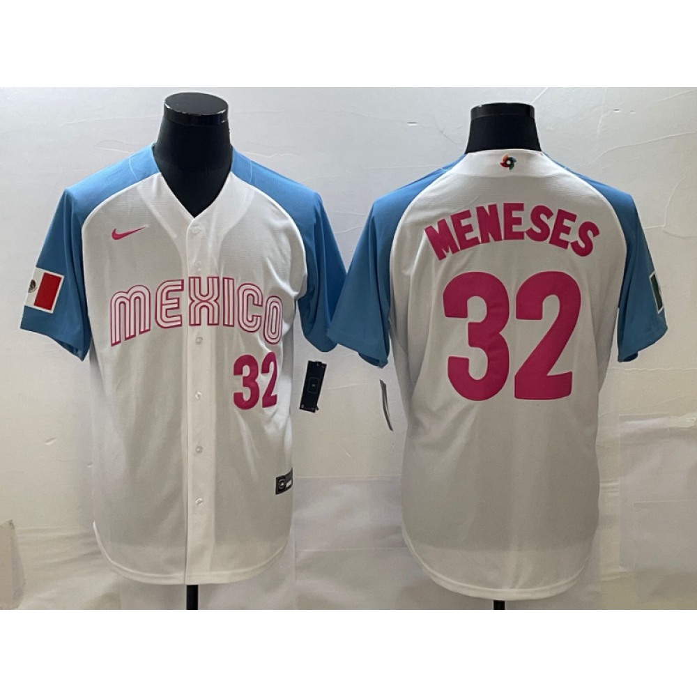 Men's Mexico Baseball #32 Joey Meneses 2023 White Blue World Baseball Classic Stitched Jersey Men's Mexico Baseball #32 Joey Meneses 2023 White Blue World Baseball Classic Stitched Jersey
