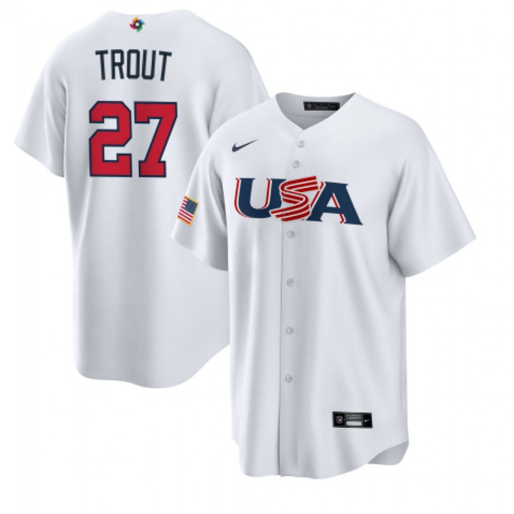 Men's USA Baseball #27 Mike Trout 2023 White World Baseball Classic Stitched Jersey Men's USA Baseball #27 Mike Trout 2023 White World Baseball Classic Stitched Jersey