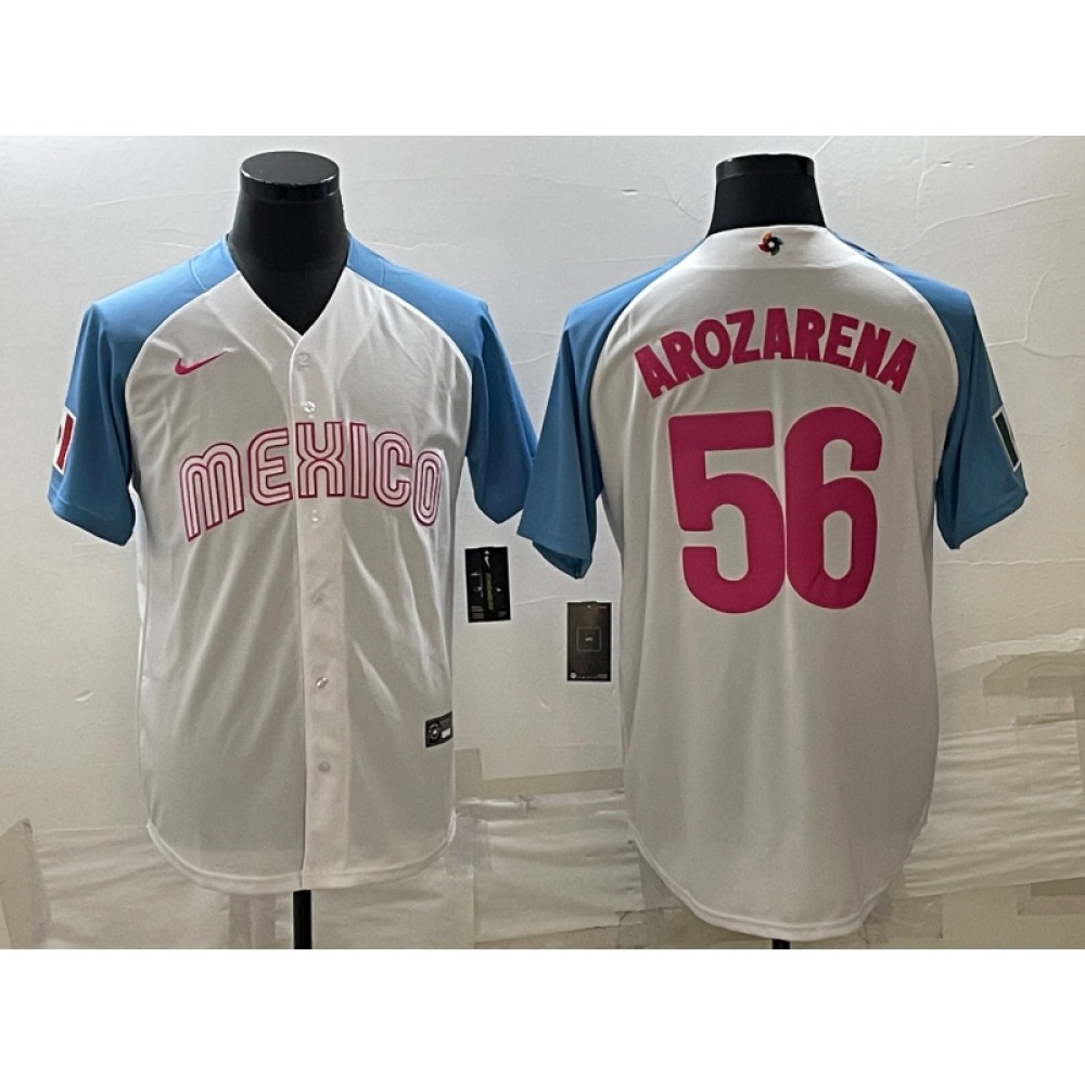 Men's Mexico Baseball #56 Randy Arozarena 2023 White Blue World Baseball Classic Stitched Jersey Men's Mexico Baseball #56 Randy Arozarena 2023 White Blue World Baseball Classic Stitched Jersey
