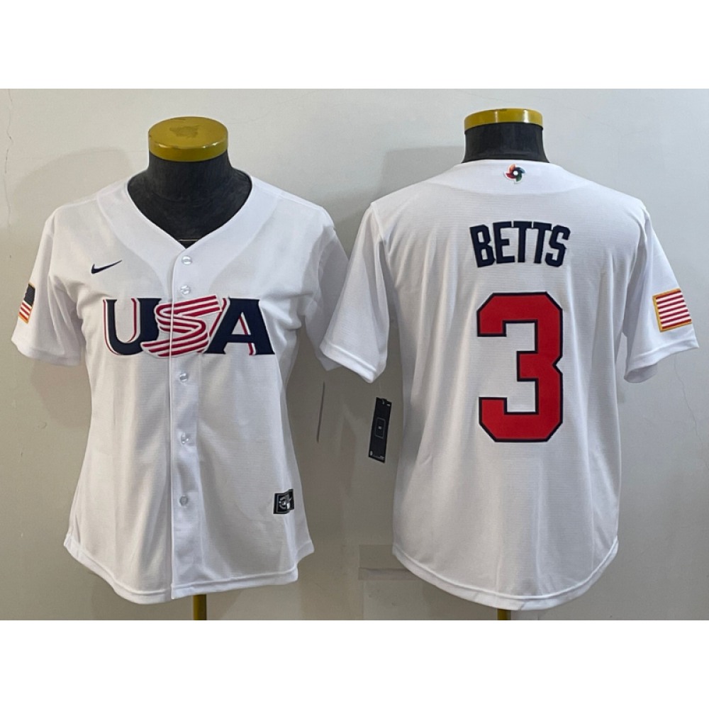 Youth USA Baseball #3 Mookie Betts 2023 White World Baseball Classic Stitched Jersey Youth USA Baseball #3 Mookie Betts 2023 White World Baseball Classic Stitched Jersey