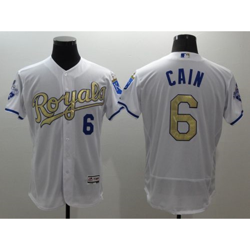 Royals #6 Lorenzo Cain White 2015 World Series Champions Gold Program FlexBase Authentic Stitched MLB Jersey Royals #6 Lorenzo Cain White 2015 World Series Champions Gold Program FlexBase Authentic Stitched MLB Jersey