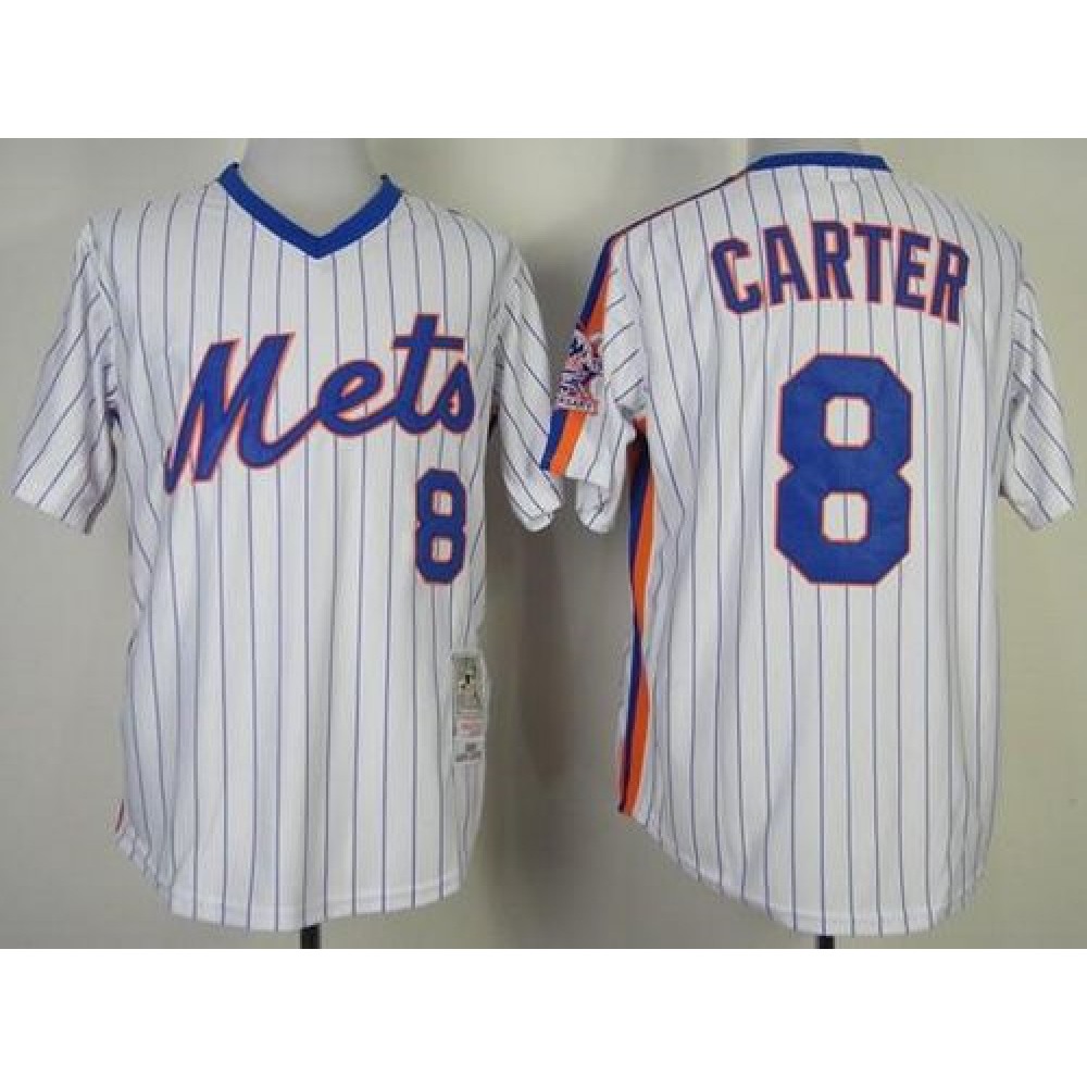 Mitchell and Ness Mets #8 Gary Carter Stitched White Blue Strip Throwback MLB Jersey