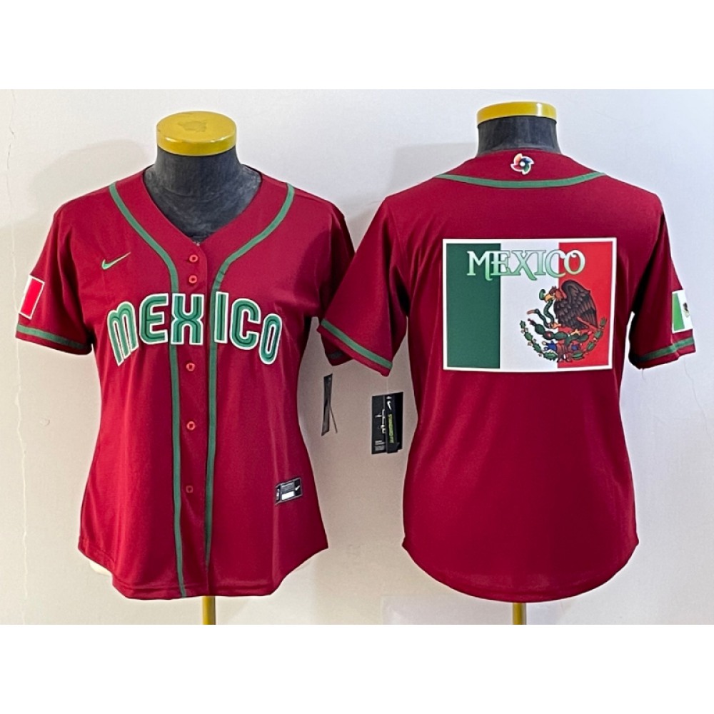 Women's Mexico Baseball 2023 Red Big Logo World Baseball Classic Stitched Jersey(Run Small) Women's Mexico Baseball 2023 Red Big Logo World Baseball Classic Stitched Jersey(Run Small)