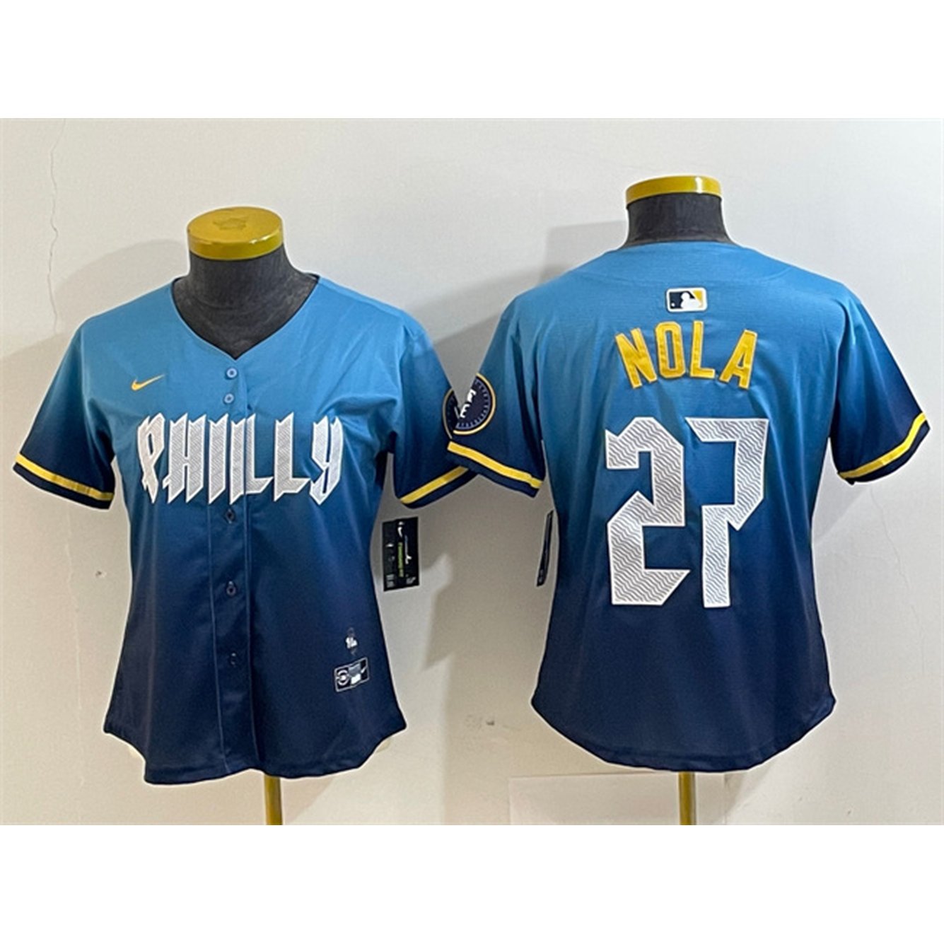 Women's Philadelphia Phillies #27 Aaron Nola Blue 2024 City Connect Limited Stitched Baseball Jersey Women's Philadelphia Phillies #27 Aaron Nola Blue 2024 City Connect Limited Stitched Baseball Jersey