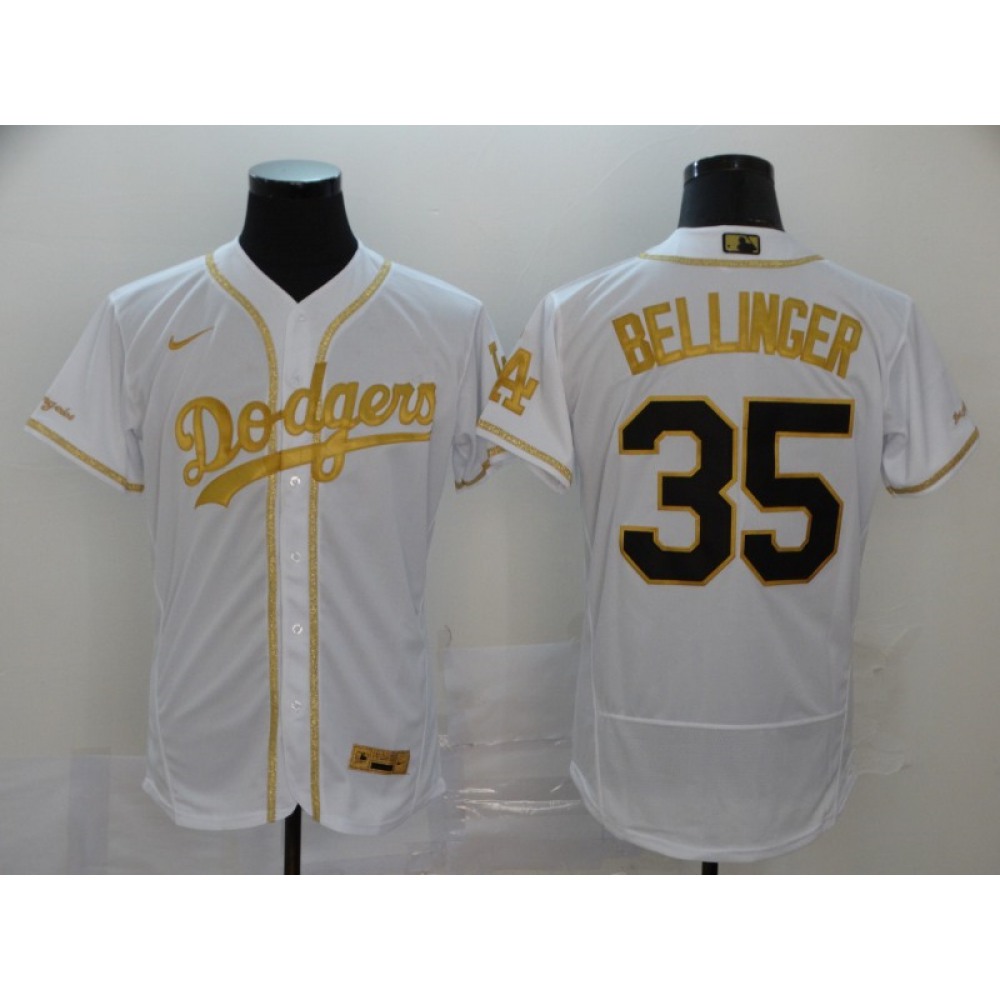 Men's Los Angeles Dodgers #35 Cody Bellinger 2020 White Golden Flex Base Stitched MLB Jersey Men's Los Angeles Dodgers #35 Cody Bellinger 2020 White Golden Flex Base Stitched MLB Jersey