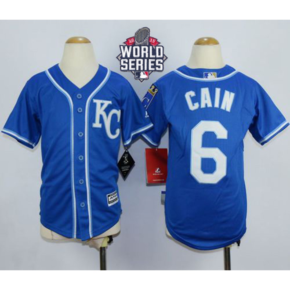 Royals #6 Lorenzo Cain Blue Alternate 2 Cool Base W/2015 World Series Patch Stitched Youth MLB Jersey Royals #6 Lorenzo Cain Blue Alternate 2 Cool Base W/2015 World Series Patch Stitched Youth MLB Jersey
