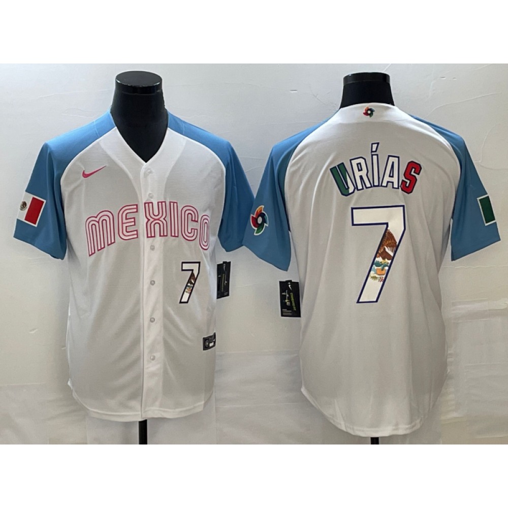Men's Mexico Baseball #7 Julio Urias 2023 White Blue World Baseball Classic With Patch Stitched Jersey Men's Mexico Baseball #7 Julio Urias 2023 White Blue World Baseball Classic With Patch Stitched Jersey