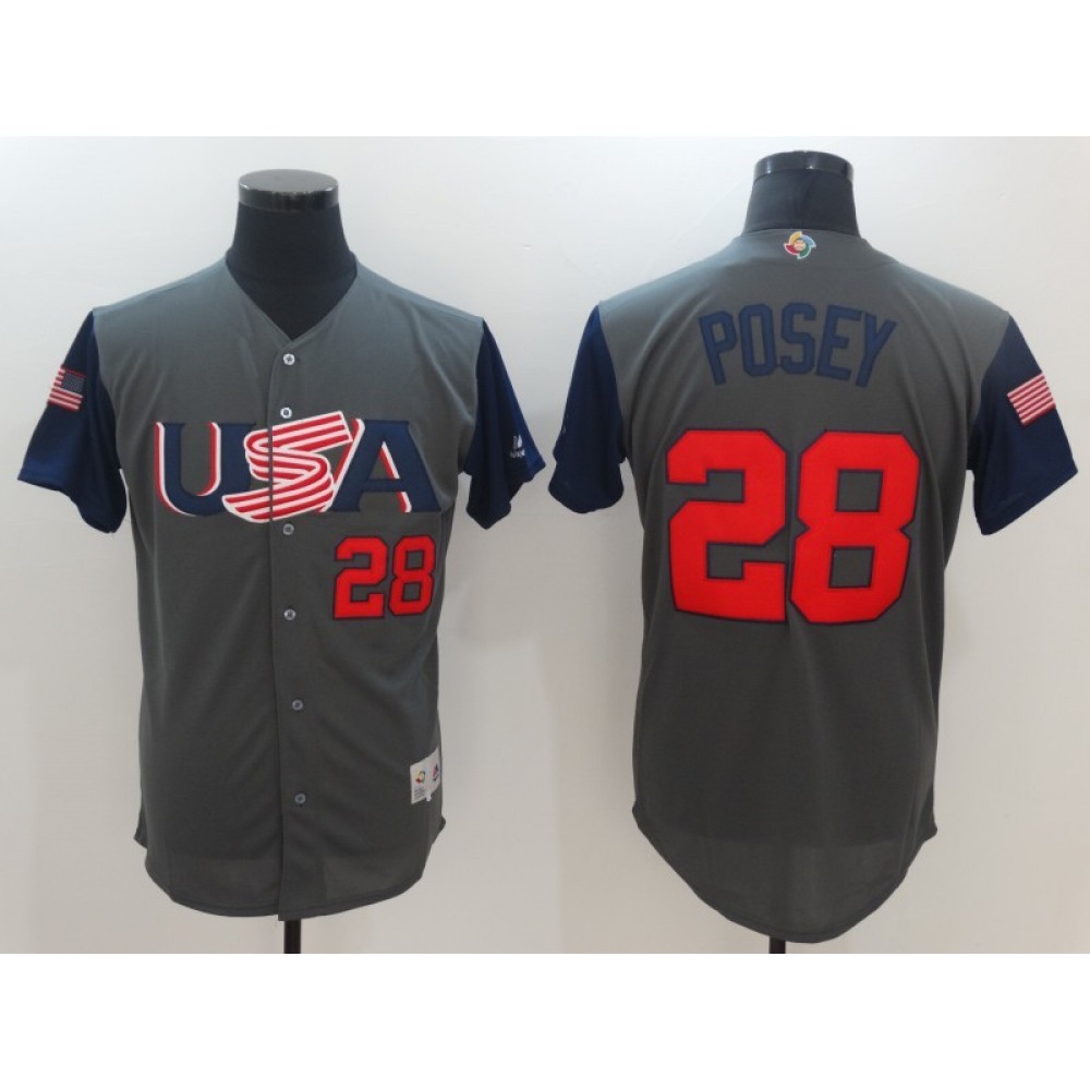 Men's USA Baseball #28 Buster Posey Gray 2017 World Baseball Classic Stitched WBC Jersey Men's USA Baseball #28 Buster Posey Gray 2017 World Baseball Classic Stitched WBC Jersey