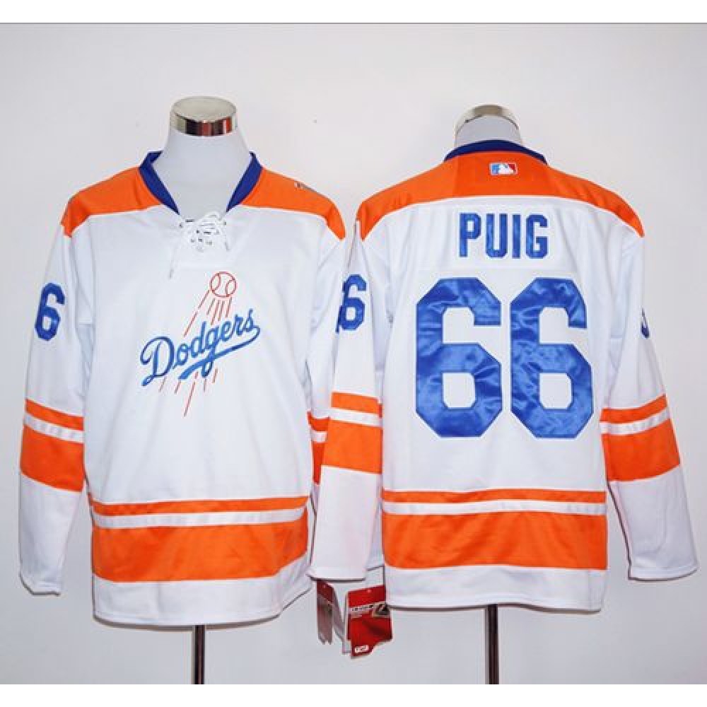 Dodgers #66 Yasiel Puig White/Orange Long Sleeve Stitched MLB Jersey Dodgers #66 Yasiel Puig White/Orange Long Sleeve Stitched MLB Jersey