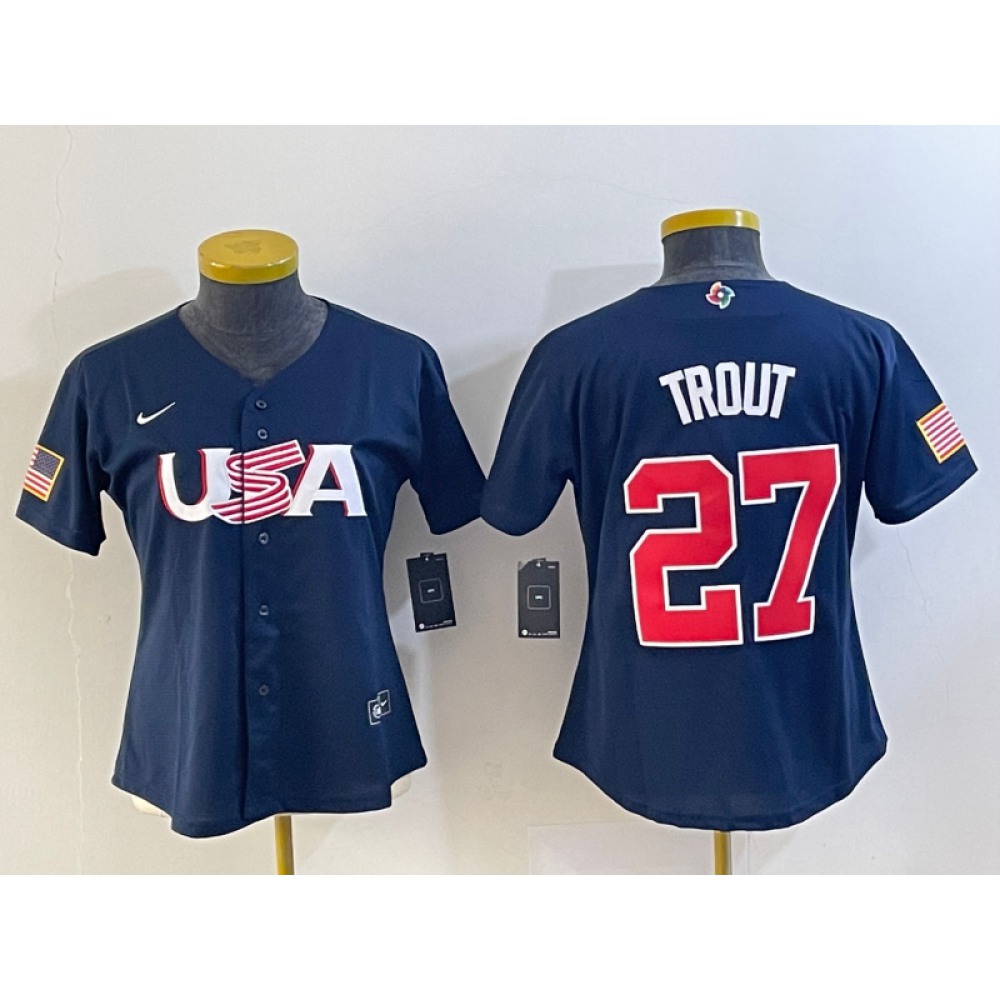 Women's USA Baseball #27 Mike Trout 2023 Navy World Baseball Classic Stitched Jersey(Run Small) Women's USA Baseball #27 Mike Trout 2023 Navy World Baseball Classic Stitched Jersey(Run Small)