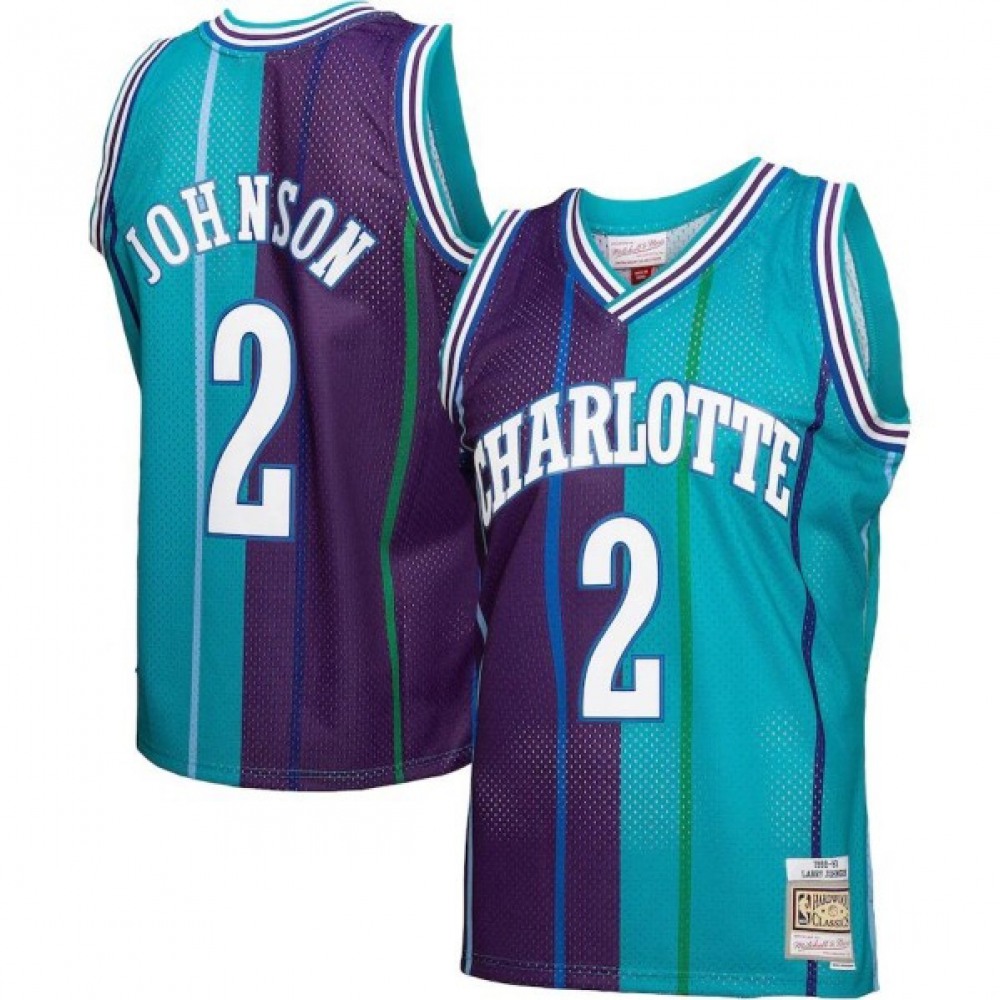Men's Charlotte Hornets #2 Larry Johnson Teal/Purple Split 1992-93 Mitchell & Ness Swingman Stitched Jersey Men's Charlotte Hornets #2 Larry Johnson Teal/Purple Split 1992-93 Mitchell & Ness Swingman Stitched Jersey