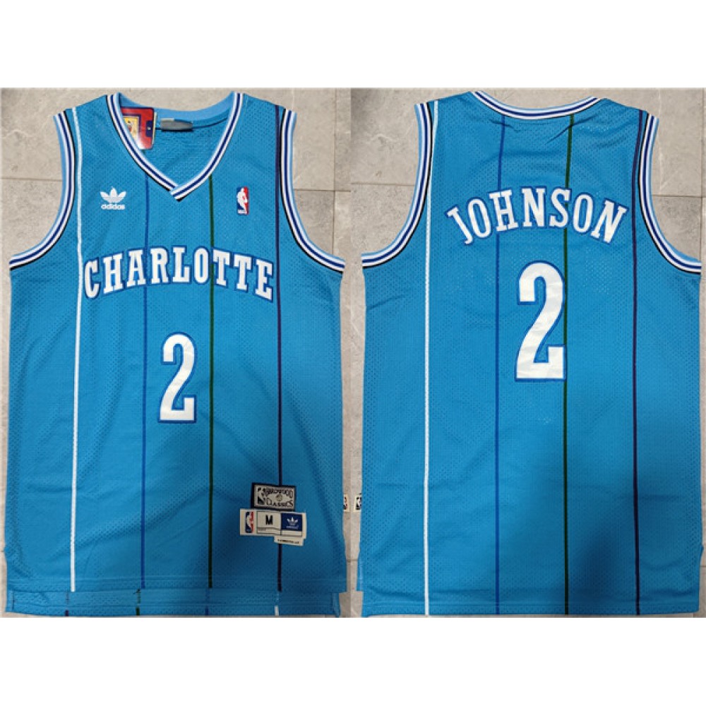 Men's Charlotte Hornets #2 Larry Johnson Blue Mitchell & Ness Throwback Stitched Jersey Men's Charlotte Hornets #2 Larry Johnson Blue Mitchell & Ness Throwback Stitched Jersey