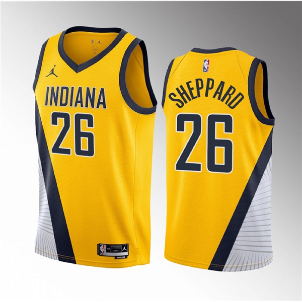 Men's Indiana Pacers #26 Ben Sheppard Yellow 2023 Draft Statement Edition Stitched Basketball Jersey Men's Indiana Pacers #26 Ben Sheppard Yellow 2023 Draft Statement Edition Stitched Basketball Jersey