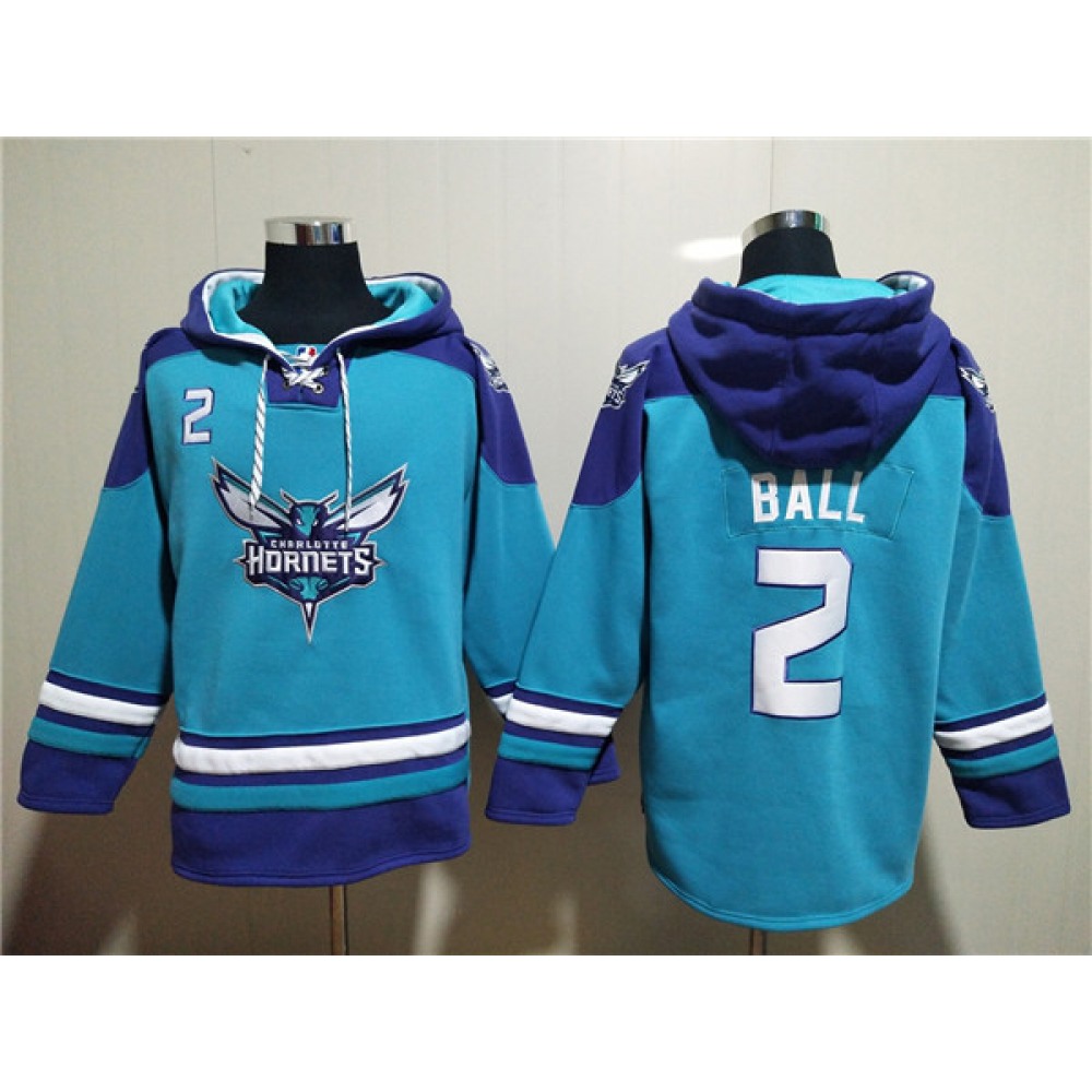 Men's Charlotte Hornets #2 LaMelo Ball Aqua Lace-Up Pullover Hoodie Men's Charlotte Hornets #2 LaMelo Ball Aqua Lace-Up Pullover Hoodie