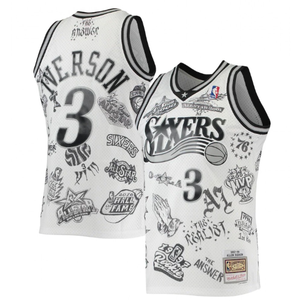 Men's Philadelphia 76ers #3 Allen Iverson Mitchell & Ness White 1997-98 Hardwood Classics Tattoo Swingman Stitched Basketball Jersey