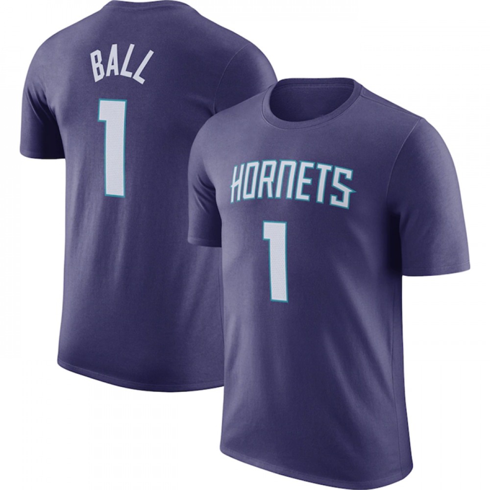 Men's Charlotte Hornets #1 LaMelo Ball Purple 2022/23 Statement Edition Name & Number T-Shirt Men's Charlotte Hornets #1 LaMelo Ball Purple 2022/23 Statement Edition Name & Number T-Shirt