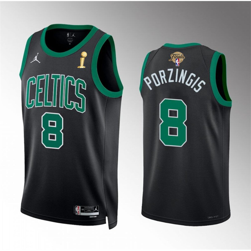 Men's Boston Celtics #8 Kristaps Porzingis Black 2024 Finals Champions Statement Edition Stitched Basketball Jersey Men's Boston Celtics #8 Kristaps Porzingis Black 2024 Finals Champions Statement Edition Stitched Basketball Jersey