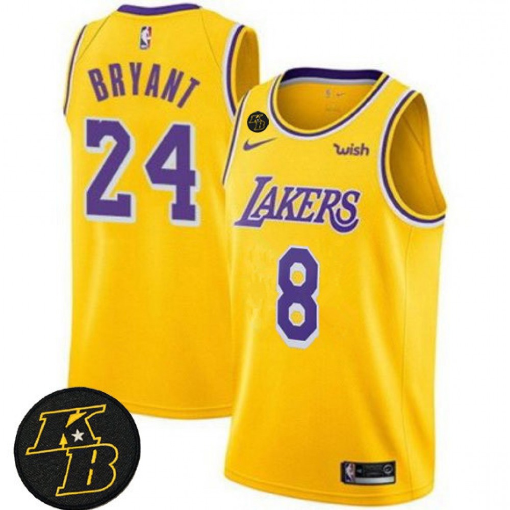 Men's Los Angeles Lakers Front #8 Back #24 Kobe Bryant Yellow With KB Patch Stitched Jersey