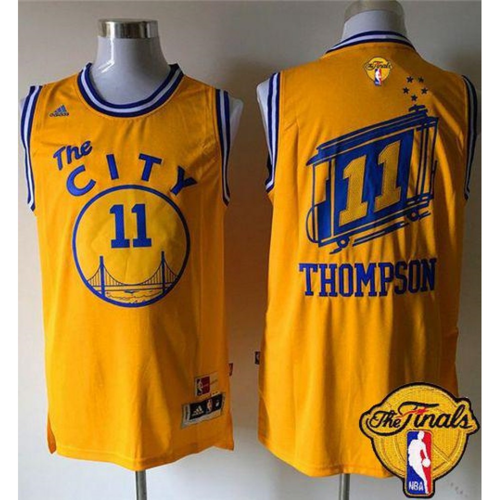 Warriors #11 Klay Thompson Gold Throwback The City The Finals Patch Stitched NBA Jersey Warriors #11 Klay Thompson Gold Throwback The City The Finals Patch Stitched NBA Jersey