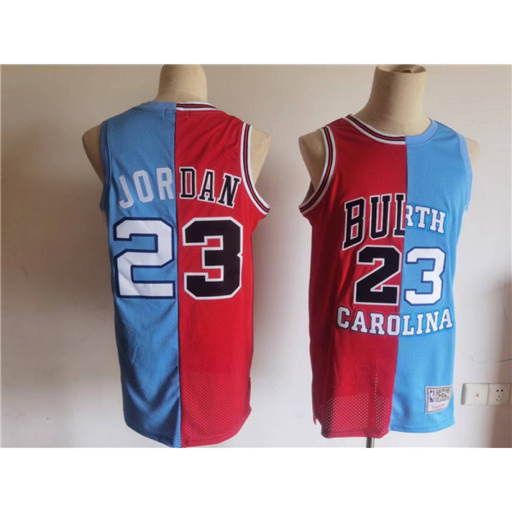 Men's Chicago Bulls/North Carolina #23 Michael Jordan White/Blue Split Throwback Stitched Jersey