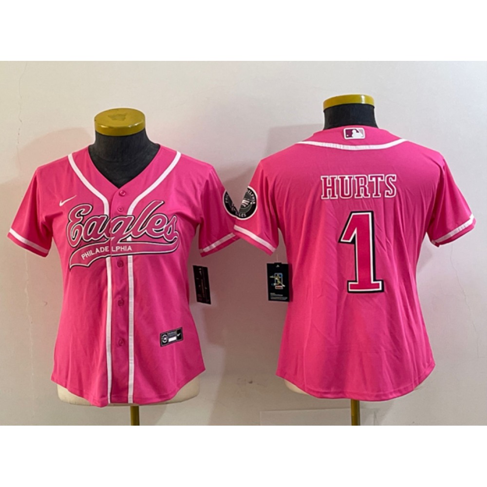 Women's Philadelphia Eagles #1 Jalen Hurts Pink Cool Base Stitched Baseball Jersey(Run Small) Women's Philadelphia Eagles #1 Jalen Hurts Pink Cool Base Stitched Baseball Jersey(Run Small)