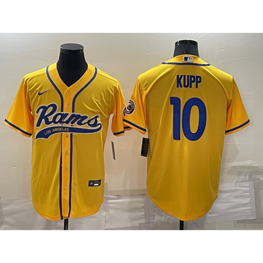 Men's Los Angeles Rams #10 Cooper Kupp Yellow Cool Base Stitched Baseball Jersey Men's Los Angeles Rams #10 Cooper Kupp Yellow Cool Base Stitched Baseball Jersey