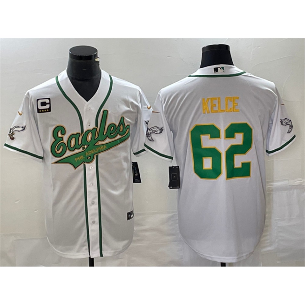 Men's Philadelphia Eagles #62 Jason Kelce White Gold With 3-star C Patch Cool Base Stitched Baseball Jersey Men's Philadelphia Eagles #62 Jason Kelce White Gold With 3-star C Patch Cool Base Stitched Baseball Jersey