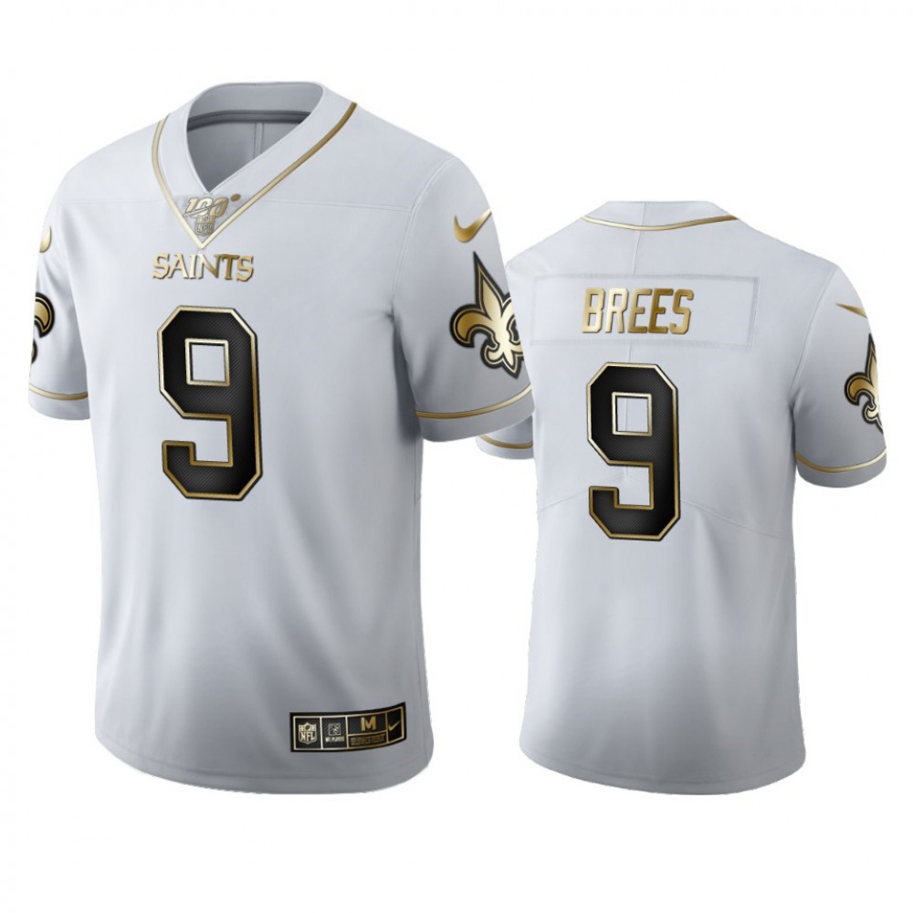 Men's New Orleans Saints #9 Drew Brees White 2019 100th Season Golden Edition Limited Stitched NFL Jersey Men's New Orleans Saints #9 Drew Brees White 2019 100th Season Golden Edition Limited Stitched NFL Jersey