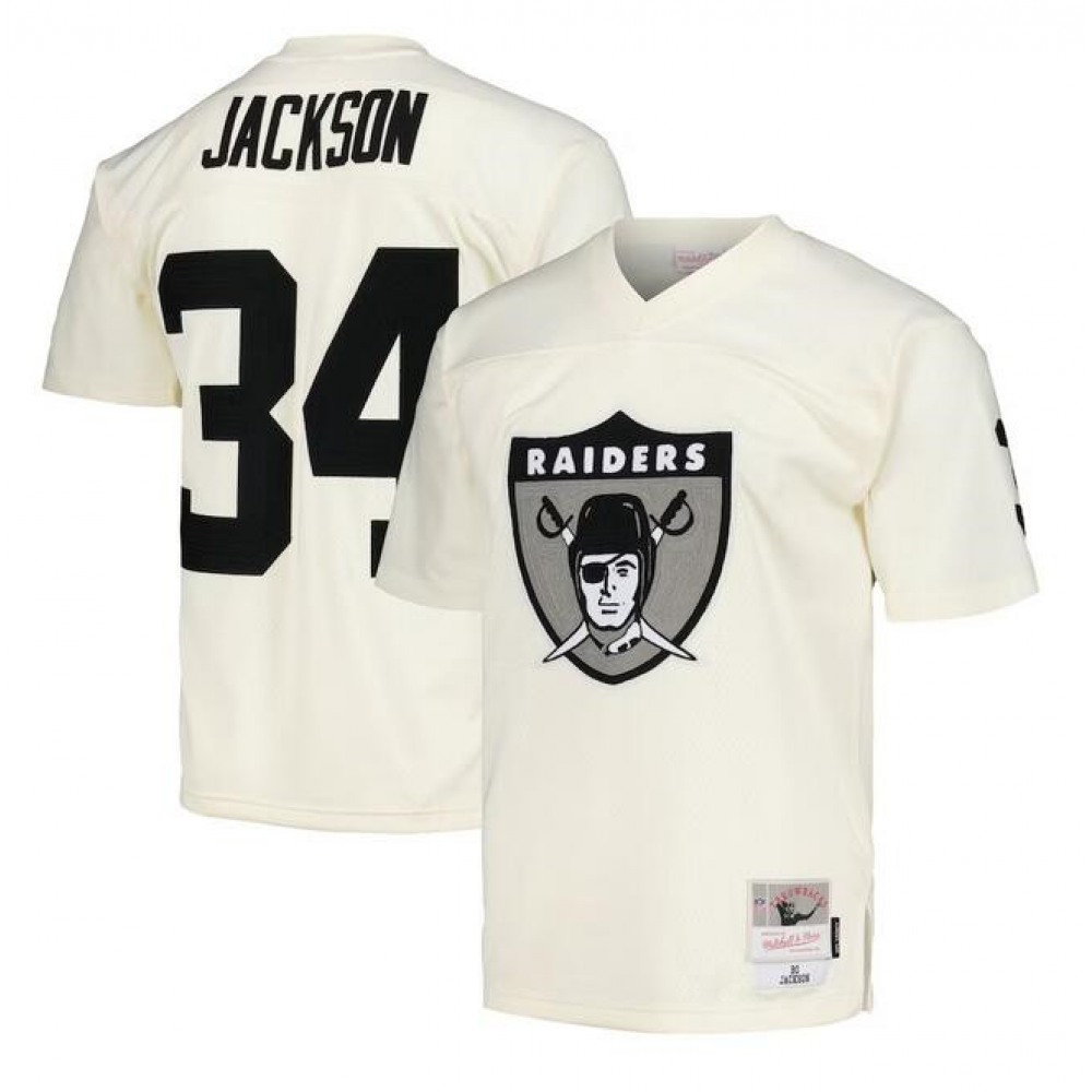 Men's Las Vegas Raiders #34 Bo Jackson Cream Mitchell & Ness Stitched Jersey Men's Las Vegas Raiders #34 Bo Jackson Cream Mitchell & Ness Stitched Jersey