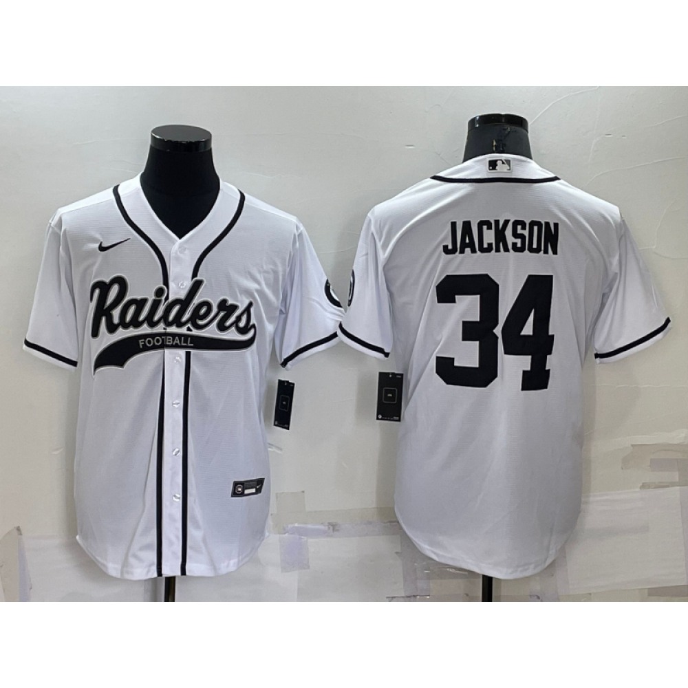 Men's Las Vegas Raiders #34 Bo Jackson White Cool Base Stitched Baseball Jersey Men's Las Vegas Raiders #34 Bo Jackson White Cool Base Stitched Baseball Jersey