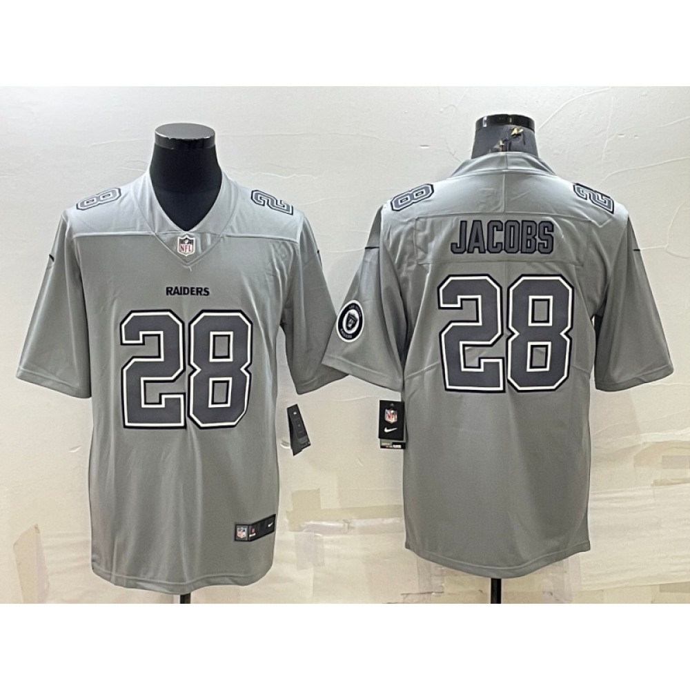 Men's Las Vegas Raiders #28 Josh Jacobs Grey Atmosphere Fashion With Patch Stitched Jersey Men's Las Vegas Raiders #28 Josh Jacobs Grey Atmosphere Fashion With Patch Stitched Jersey