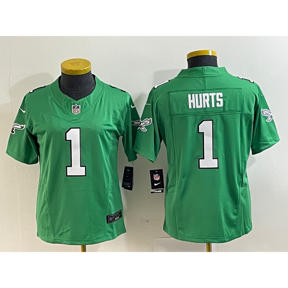 Women's Philadelphia Eagles #1 Jalen Hurts Green 2023 F.U.S.E. Stitched Football Jersey(Run Small) Women's Philadelphia Eagles #1 Jalen Hurts Green 2023 F.U.S.E. Stitched Football Jersey(Run Small)
