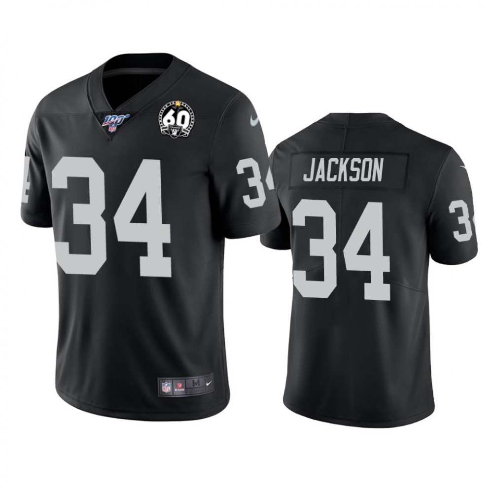 Men's Oakland Raiders #34 Bo Jackson Black 100th Season With 60 Patch Vapor Stitched NFL Jersey Men's Oakland Raiders #34 Bo Jackson Black 100th Season With 60 Patch Vapor Stitched NFL Jersey