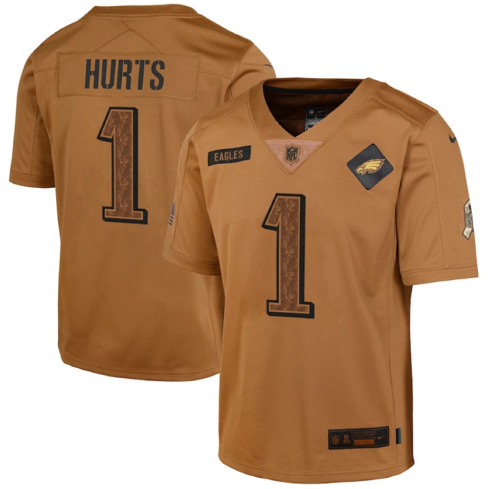 Youth Philadelphia Eagles #1 Jalen Hurts 2023 Brown Salute To Service Limited Stitched Football Jersey Youth Philadelphia Eagles #1 Jalen Hurts 2023 Brown Salute To Service Limited Stitched Football Jersey