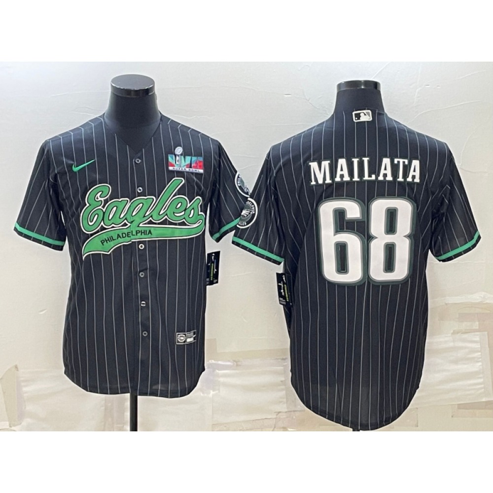 Men's Philadelphia Eagles #68 Jordan Mailata Black With Super Bowl LVII Patch Cool Base Stitched Baseball Jersey Men's Philadelphia Eagles #68 Jordan Mailata Black With Super Bowl LVII Patch Cool Base Stitched Baseball Jersey