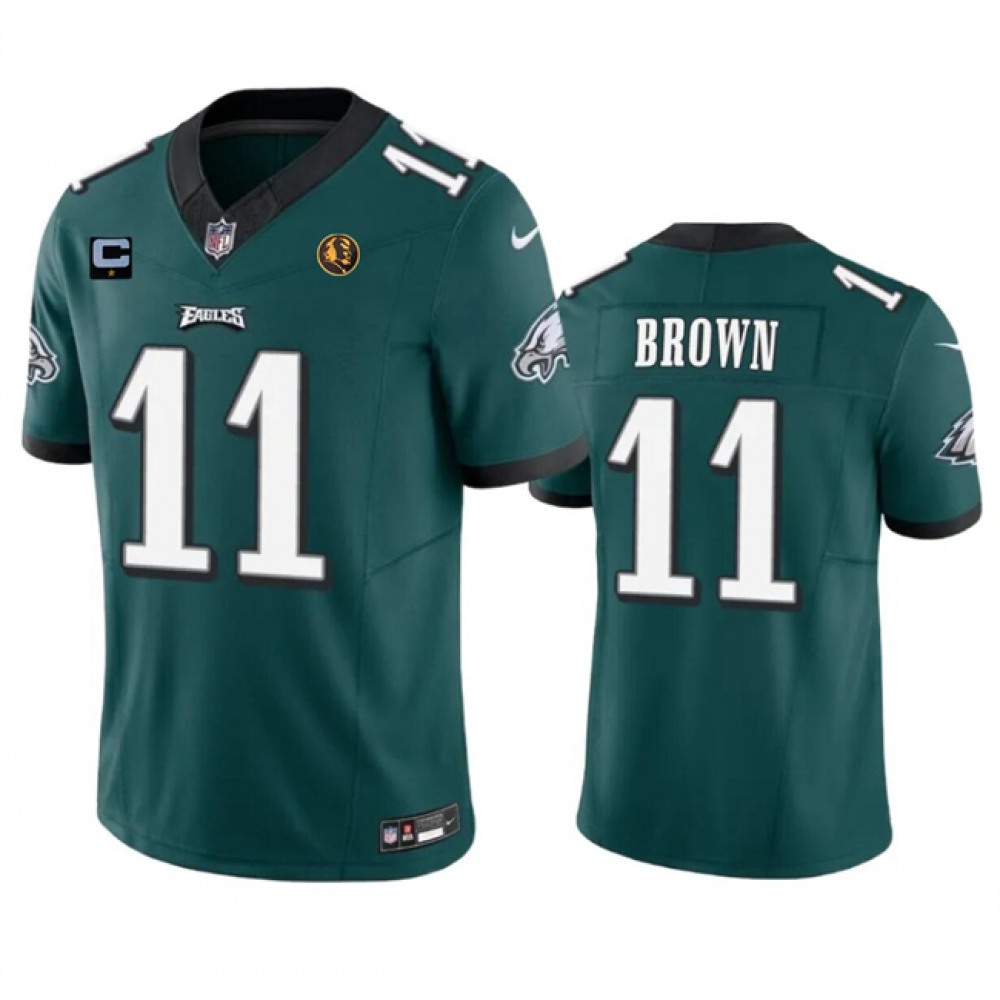 Men's Philadelphia Eagles #11 A. J. Brown Green 2023 F.U.S.E. With 1-star C Patch And John Madden Patch Vapor Limited Stitched Football Jersey Men's Philadelphia Eagles #11 A. J. Brown Green 2023 F.U.S.E. With 1-star C Patch And John Madden Patch Vapor Limited Stitched Football Jersey