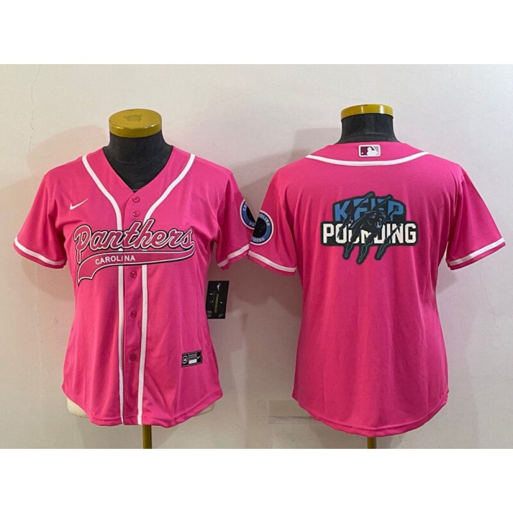 Women's Carolina Panthers Pink Team Big Logo With Patch Cool Base Stitched Baseball Jersey(Run Small) Women's Carolina Panthers Pink Team Big Logo With Patch Cool Base Stitched Baseball Jersey(Run Small)